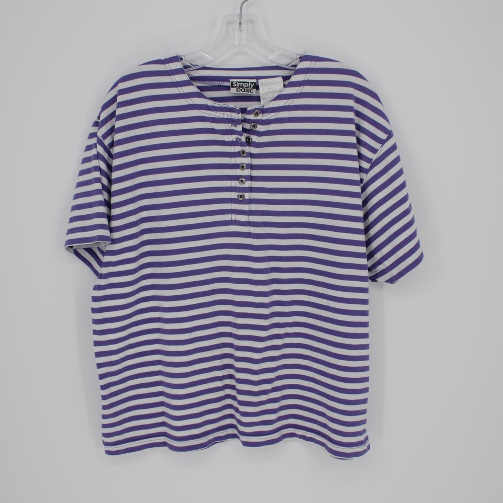 Simply Basic Vintage Women's Purple Striped Short Sleeve Henley Top Size L‎